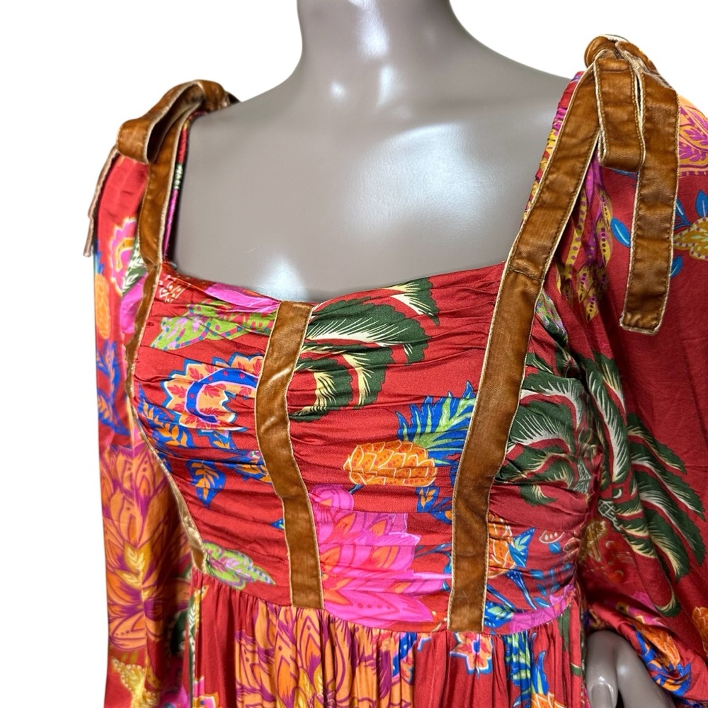 FARM Rio Red Multicolor Floral Puff-Sleeve Midi Dress - Picture 3 of 8